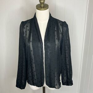 Vintage Loren Women Medium Open Front Dot Pattern Sheer Blouse Black Long Sleeve